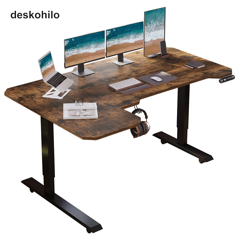 Deskohilo 59" x 24"  L-Shaped Standing Desk Adjustable Electric Sit and Stand for Worktops with Wheels, Brown, Black, Oak