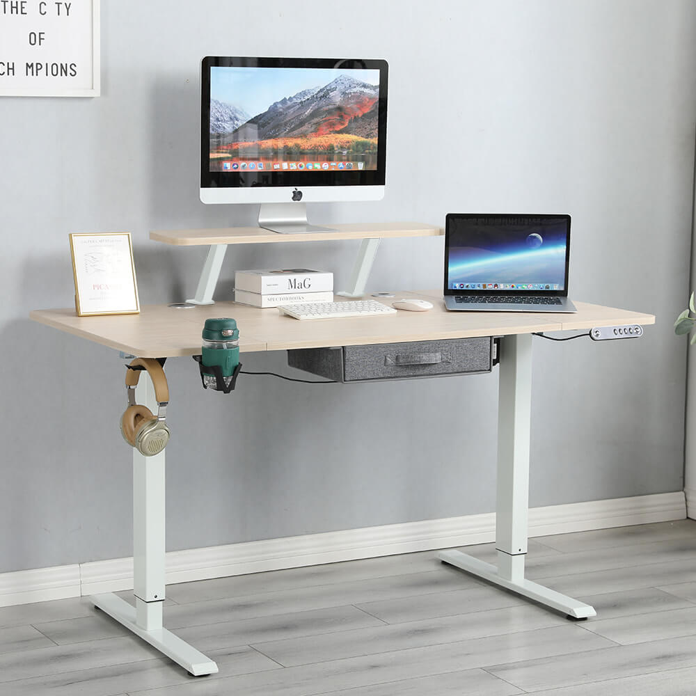Deskohilo 55" x 30" Height Adjustable Electric Sit and Stand Office Desks for Worktops with Monitor Stand and Drawer