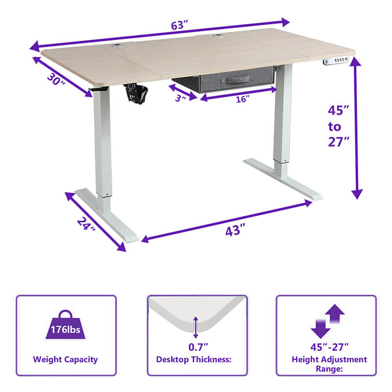 Deskohilo 63" x 30" Height Adjustable Electric Sit and Stand for Worktops with Drawer, Oak