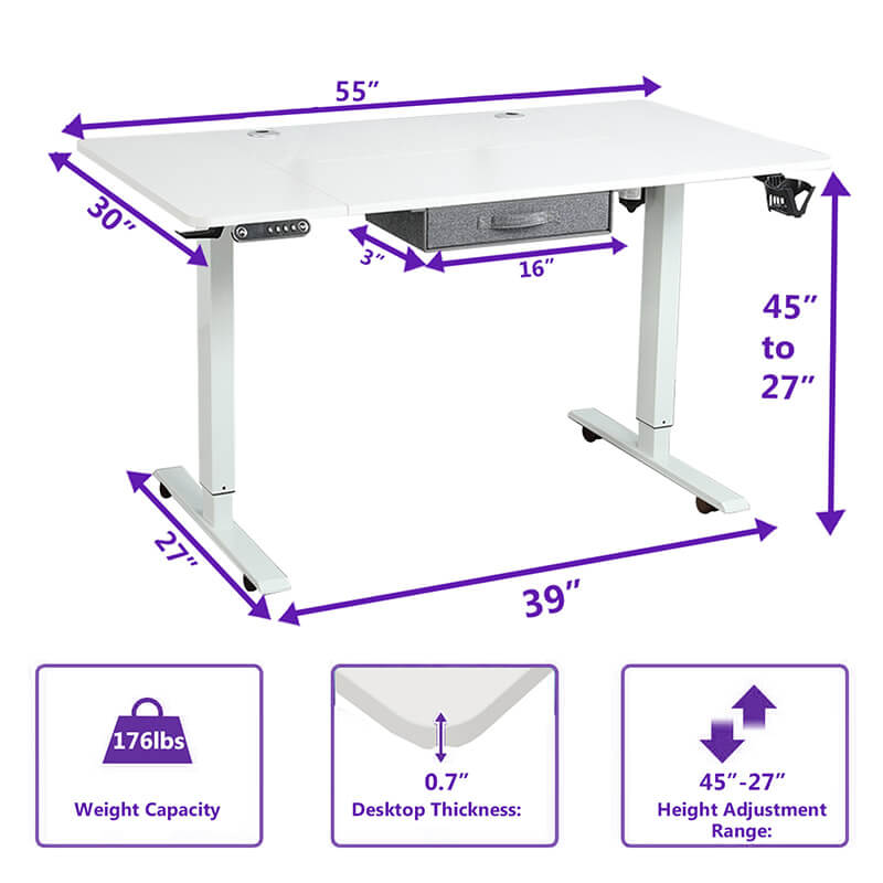 Deskohilo 55" x 30" Height Adjustable Electric Sit and Stand Office Desks for Worktops with Drawer