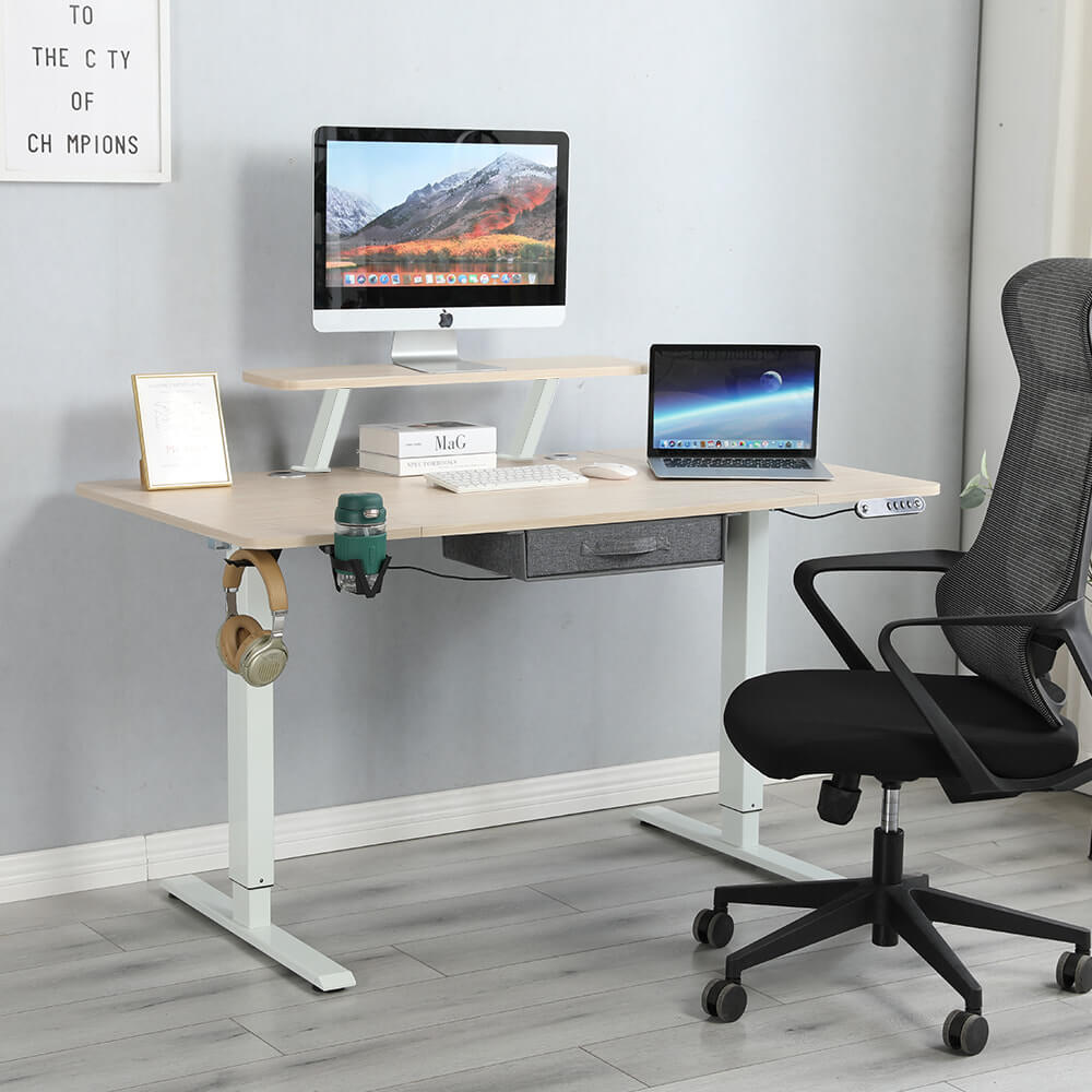 Deskohilo 63" x 30" Height Adjustable Electric Sit and Stand for Work Benches with Monitor Stand and Drawer, Oak