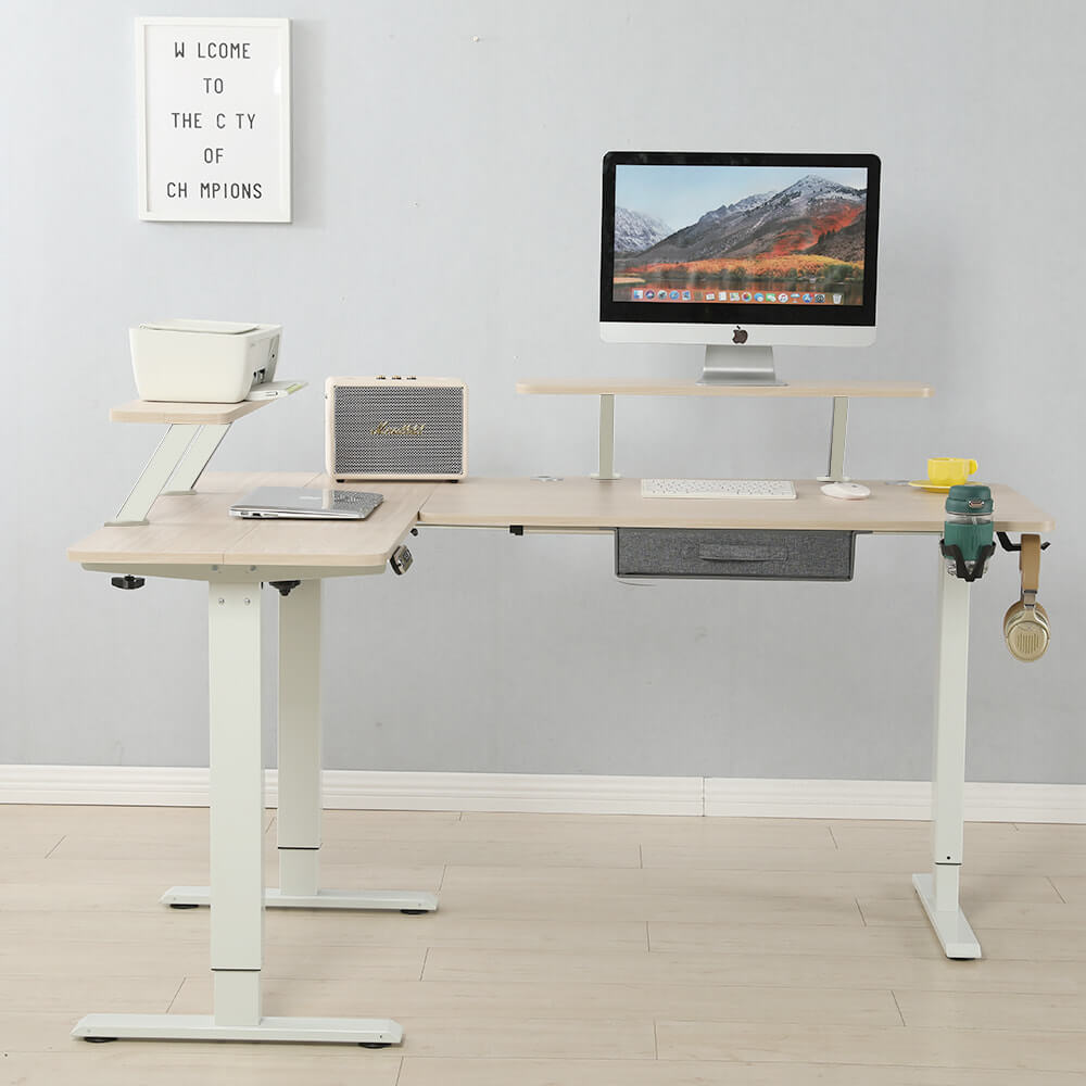 Deskohilo 63" x 30" L-Shaped Standing Desk Adjustable Electric Sit and Stand for Work Benches with Monitor Stand and Drawer, Oak