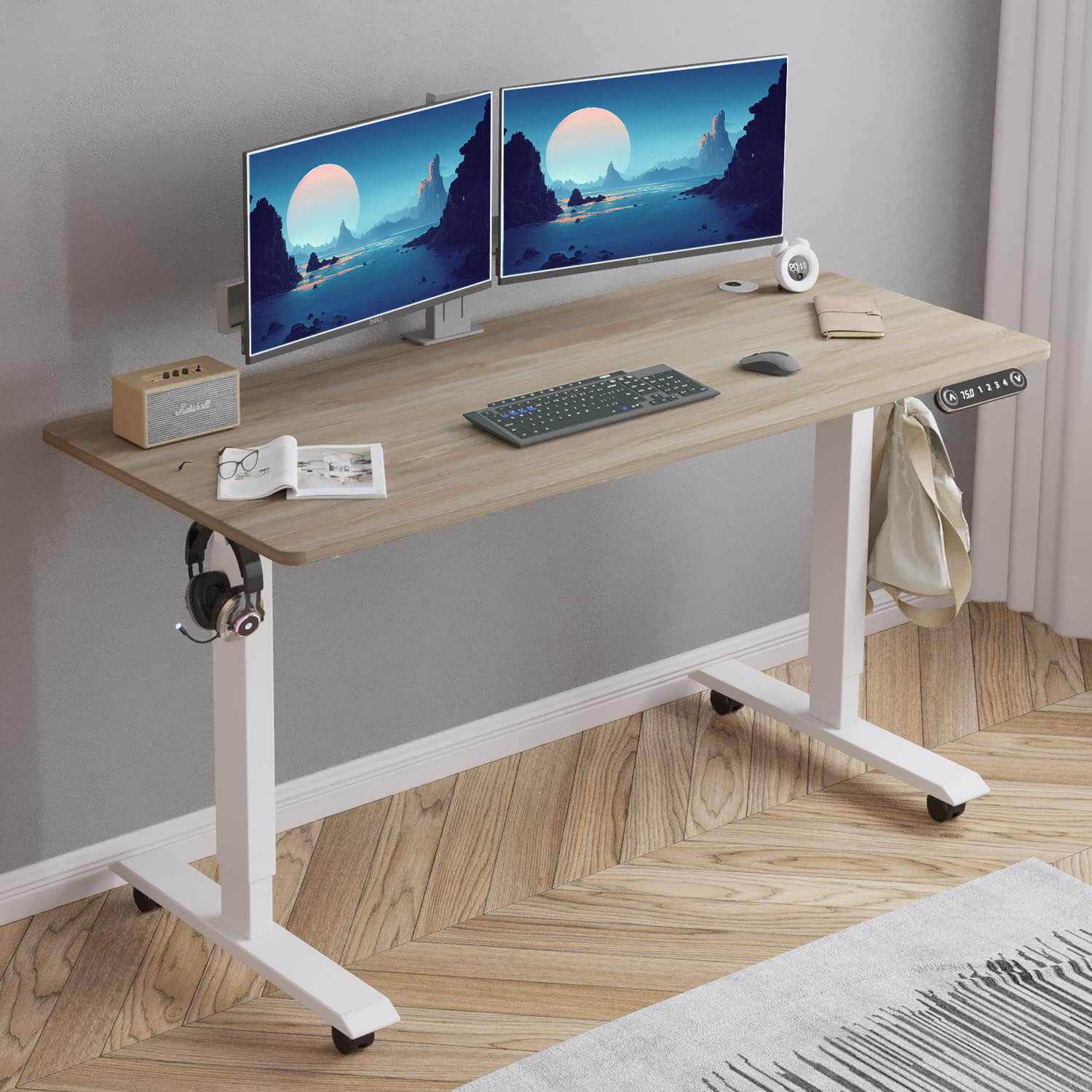 Deskohilo 48" x 24" Electric Standing Desks, Height Adjustable Office Tables with Splice Board and A Under Desk Cable Management Tray with Wheels, Brown or Oak