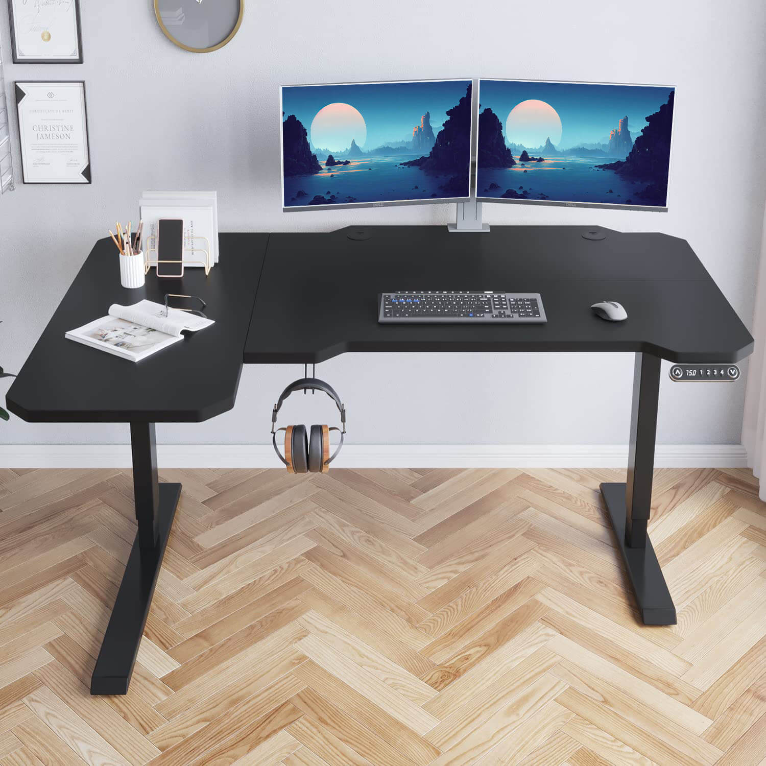 Deskohilo 59" x 24" Electric Height Adjustable Computer L-Shaped Office Desks with Memory Controller Corner Standing Desk with Splice Board