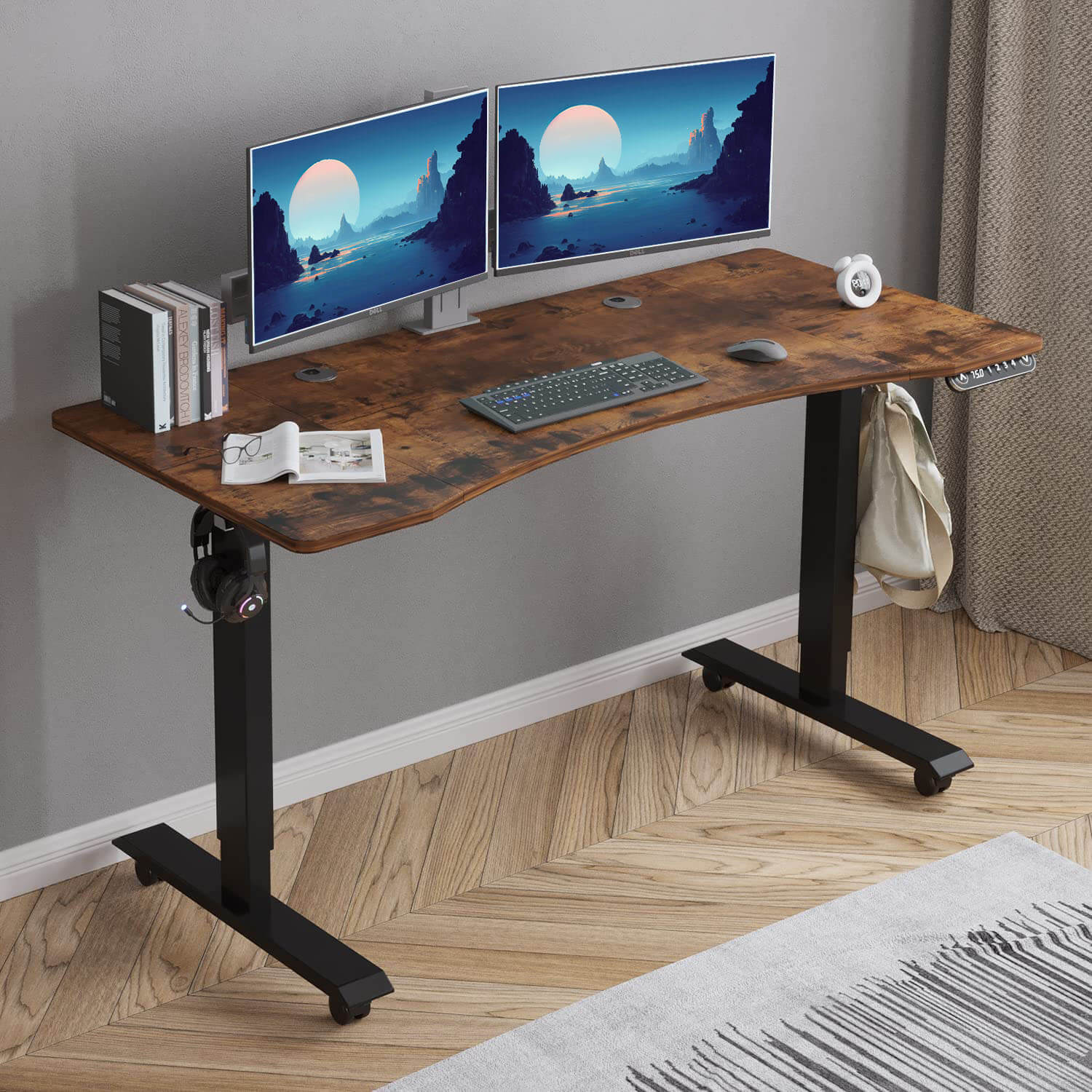 Deskohilo 55"x 30" Standing Desk Electric Height Adjustable Office Tables for Work Benches with Wheels, Oak or Brown
