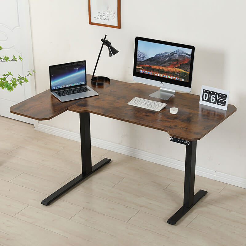Deskohilo 59" x 24" Premium Dual Motor L-Shaped Office Tables Adjustable Electric Sit and Stand for Worktops with Wheels, Brown, Black, Oak