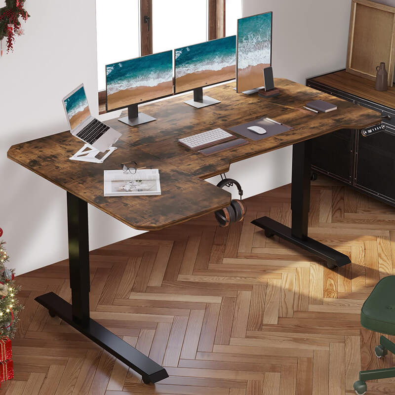 Deskohilo 59" x 24"  L-Shaped Standing Desk Adjustable Electric Sit and Stand for Worktops with Wheels, Brown, Black, Oak